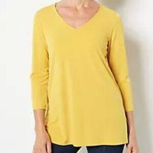 Susan Graver Liquid Knit Tunic Yellow  3/4 Sleeve V-Neck 5X Petite Length-NWT